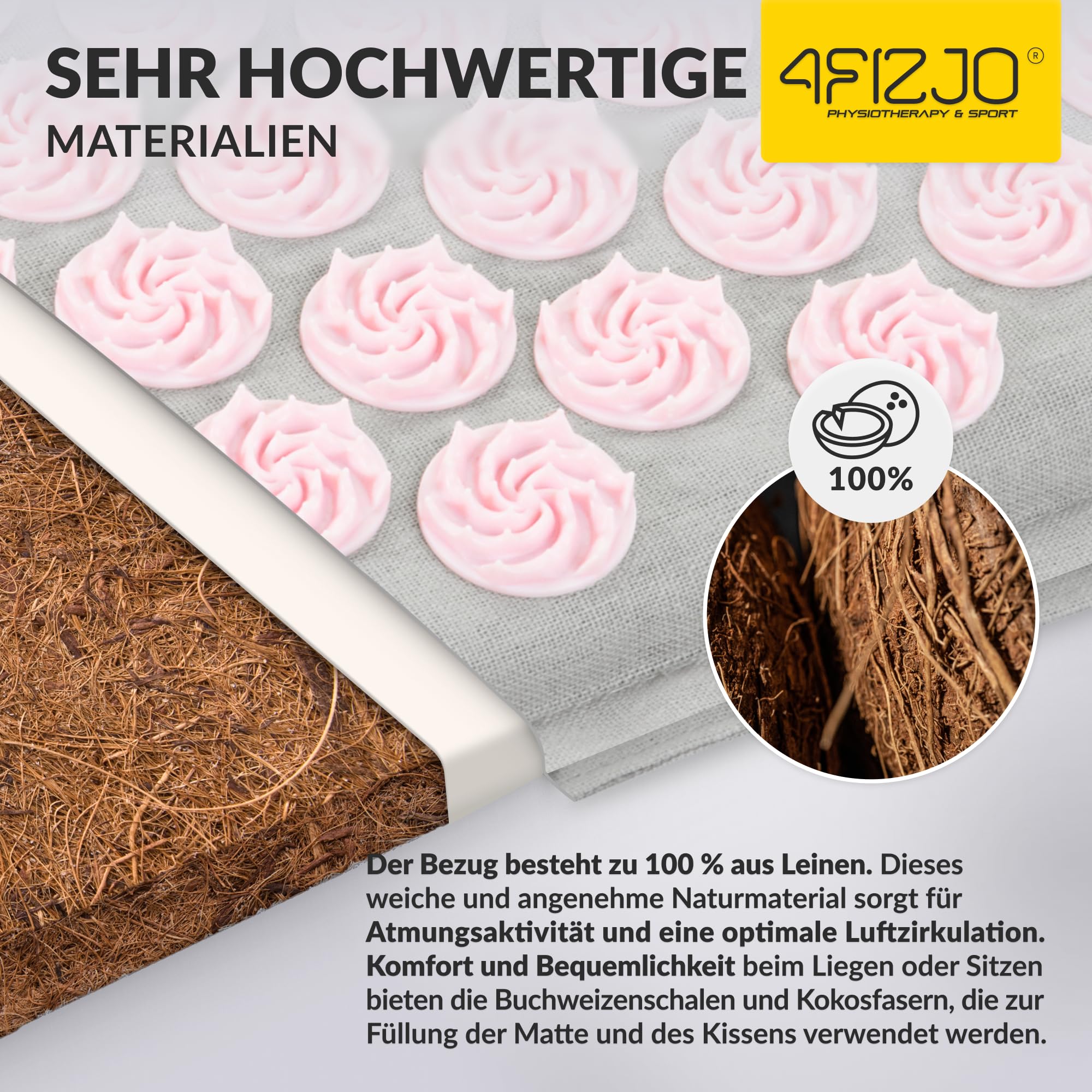 4FIZJO Akupressurmatte & Kissen ECO XL, 110x42x2 cm, mit Tragetasche, Umweltfreundliche Materialien, 9750 Stacheln, Massagematte für bessere Durchblutung, Muskeln Entspannung, Farbe: Grau und Rosa