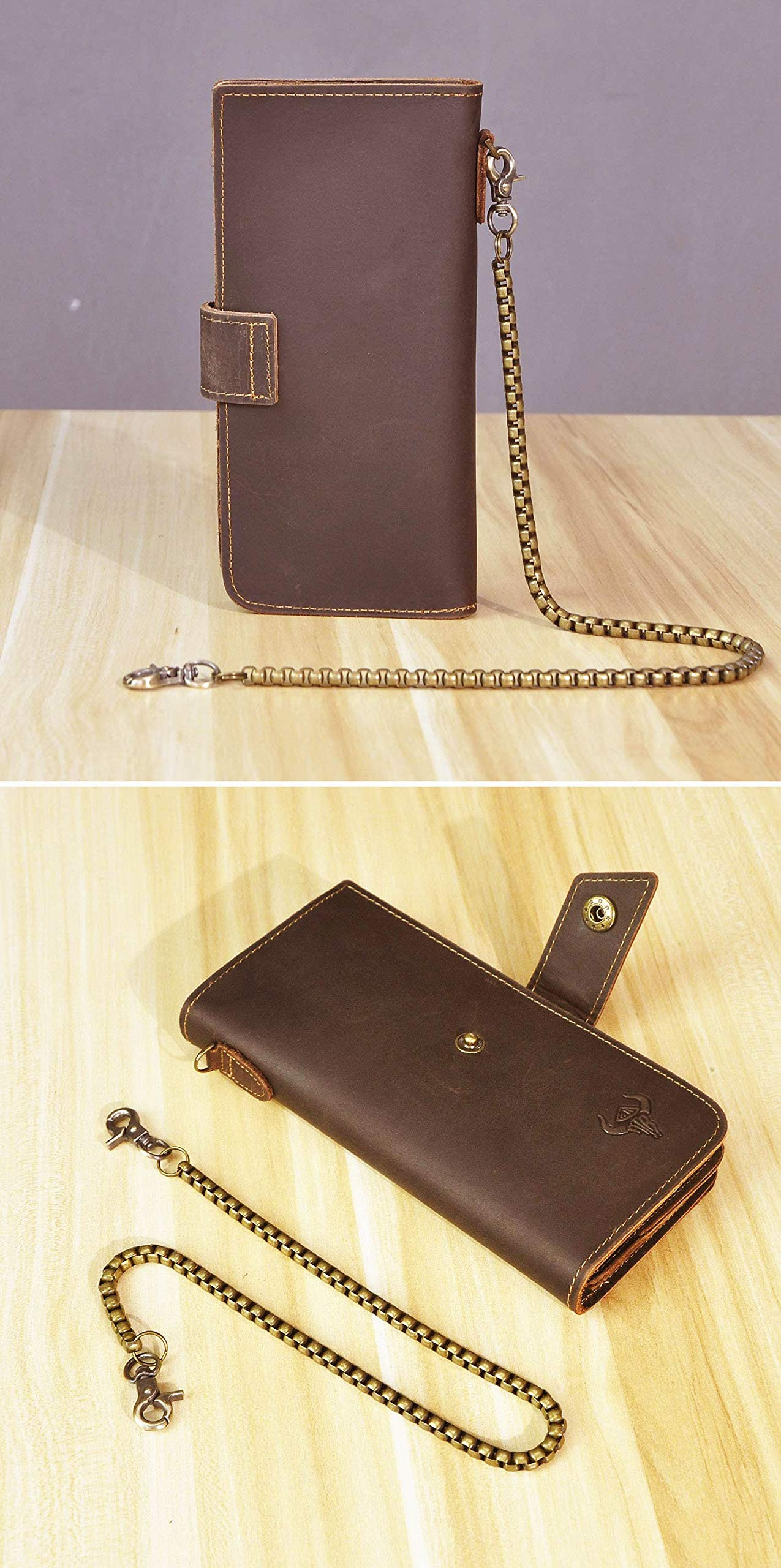 Le'aokuu Mens Genuine Leather Bifold Wallet Organizer Checkbook Removable Chain Wallet