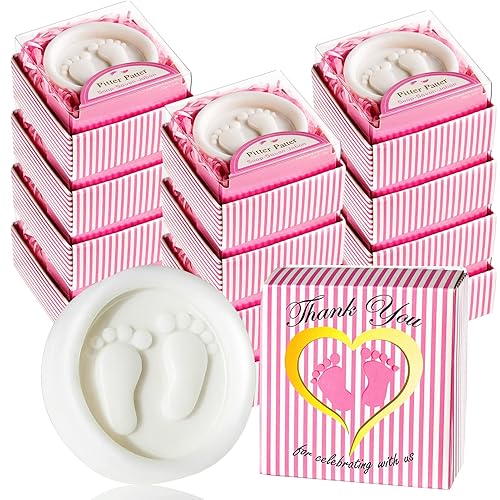 Miniatura 9 de AIXIANG Paquete de 24 jabones hechos a mano Pink Pitter Patter, regalos de baby shower envueltos individualmente con caja de regalo, pies de bebé