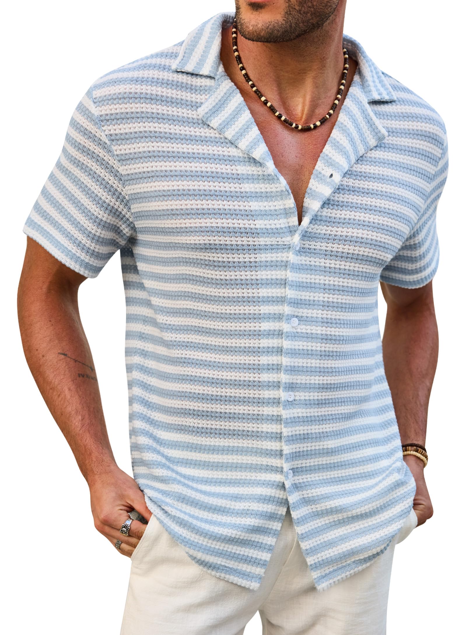 Men Cuban Striped Shirts Summer Beach Button Down Casual Hollow Out Crochet Top (S-XXL)