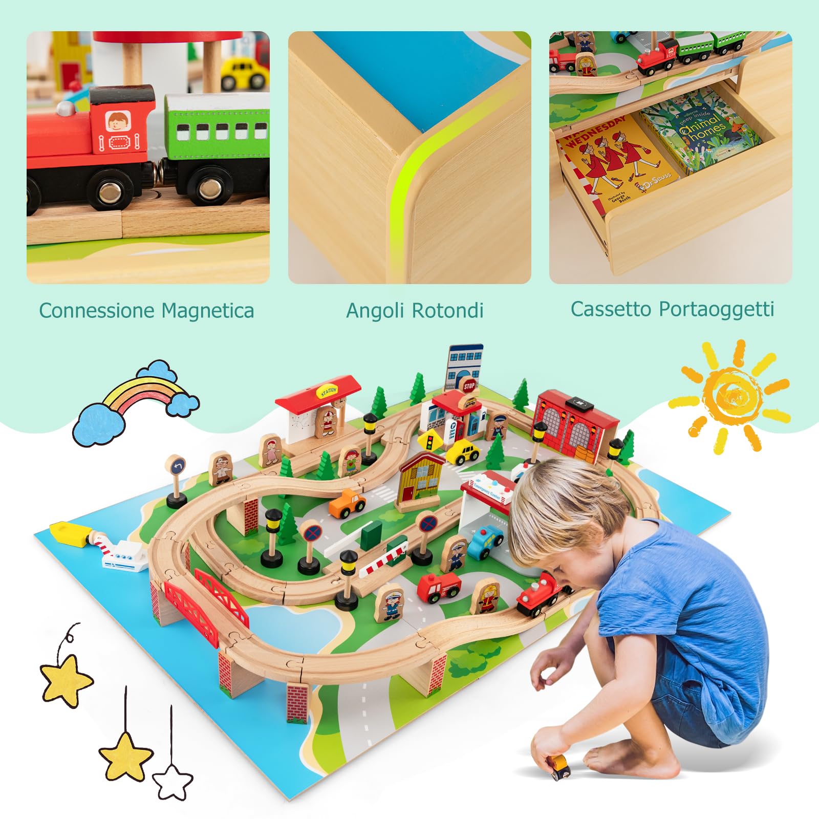 RELAX4LIFE Tavolo Attività in Legno per Bambini con Binari e Treno, da 84/80 Pezzi, Piano Reversibile e Rimovibile, Cassetto per Ragazzi e Ragazze (Naturale,84 pezzi)