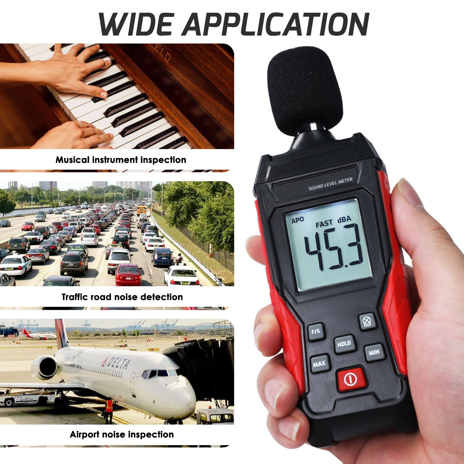 Medidor de decibelios Lector de nivel de sonido portátil SPL medidor de 30 a 130 dB máx/min alarma de retención de datos con retroiluminación pantalla LCD A/C ponderado medidor de decibelios de ruido