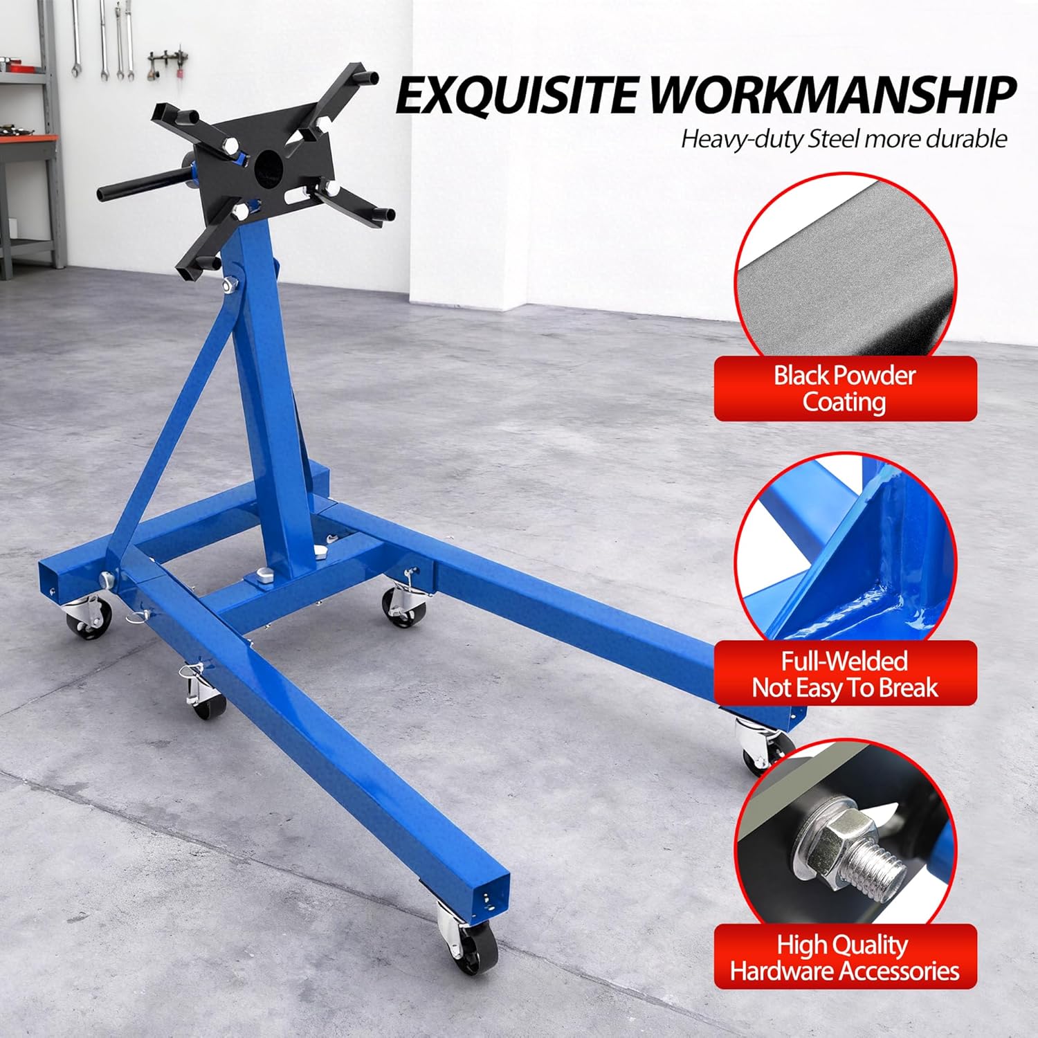Heavy Duty Foldable Engine Stand 2000LBS Capacity, 360 Degree Rotating Head and Adjustable Arms for Auto Repair, Vehicle Maintenance, 6-Universal Casters, Blue