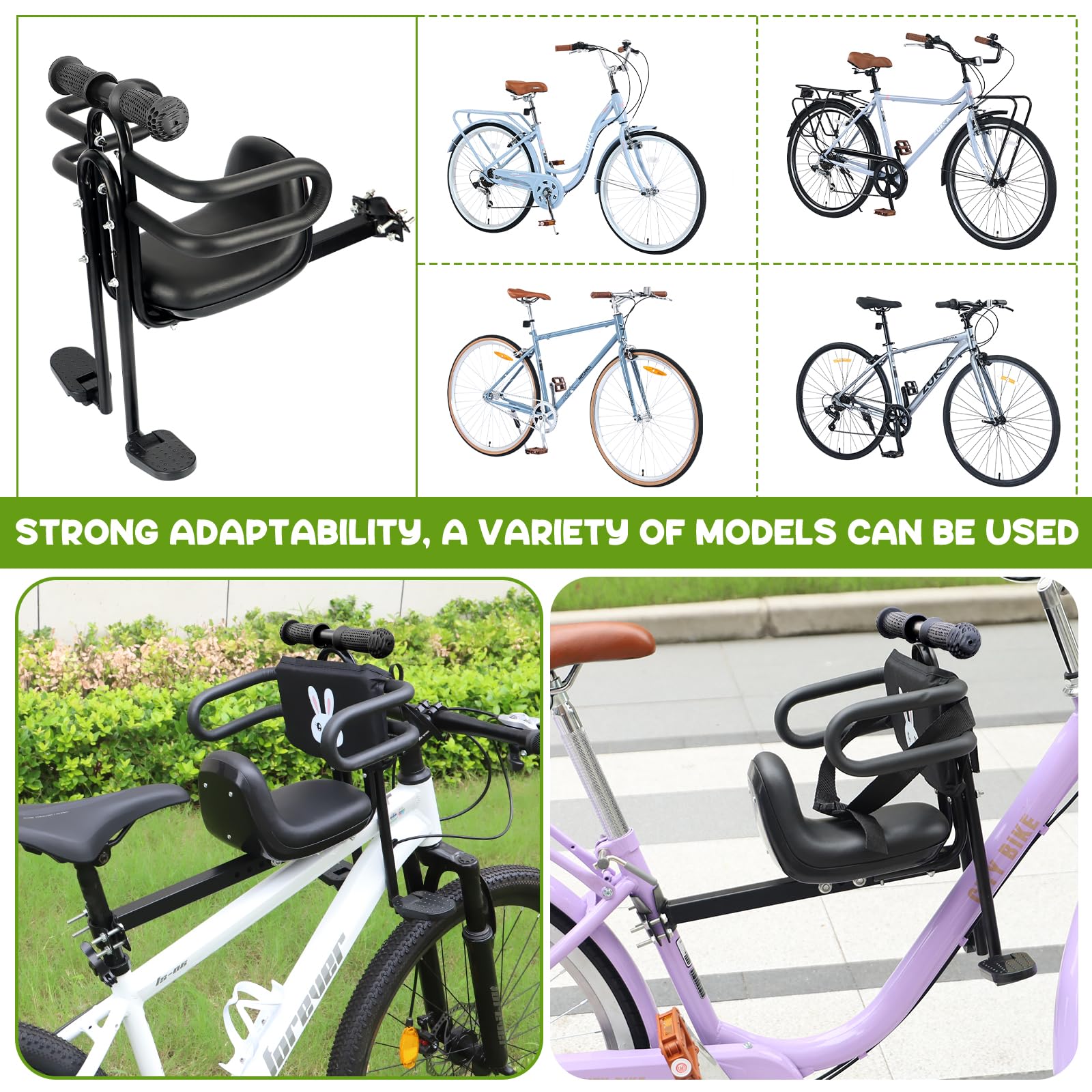 ZUKKA Fahrradkindersitz Kindersitze Vorne Belastbar bis 25kg/55 Pound für Kinder Vordersitz für Fahrräder, Kindersattel mit Pedalen, Halterung für Rennrad und MTB