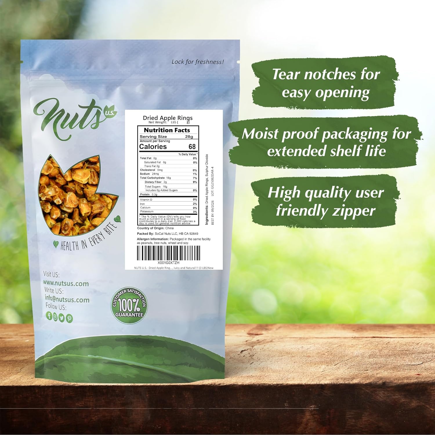 NUTS U.S. - Dried Apple Rings | No Added Sugar | No Artificial Color | Chewy Texture | NON-GMO | Juicy and Natural | Packed in a Resealable Bag (3 LBS)