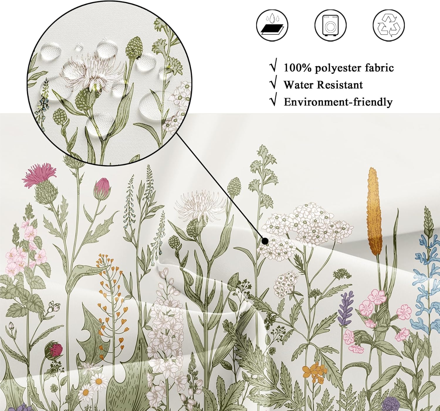 Riyidecor Thicken Heavy Duty Fabric Floral Shower Curtain for Bathroom Decor 72Wx72H Inch Wildflower Green Leaves Botanical Decorative Bath Set Plants Bathroom Accessories Waterproof 12 Pack Hooks