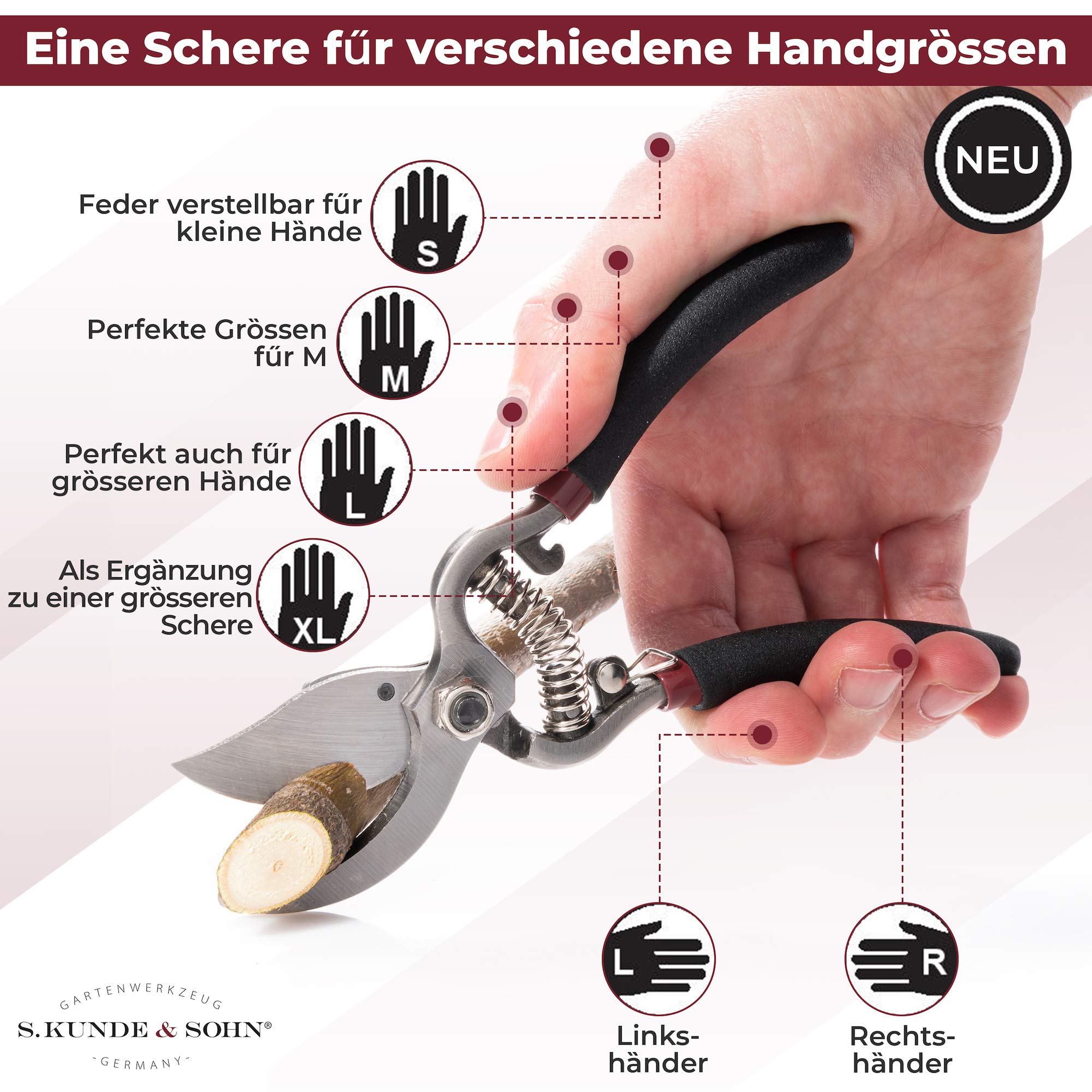 S. Kunde & Sohn Germany – die leichteste geschmiedete Gartenschere 2ER-Set 2X SKS6 – ergonomisches Design – Bypass – Rosen-Rebschere – ∅20mm – kompl. beschichtet, rostfrei