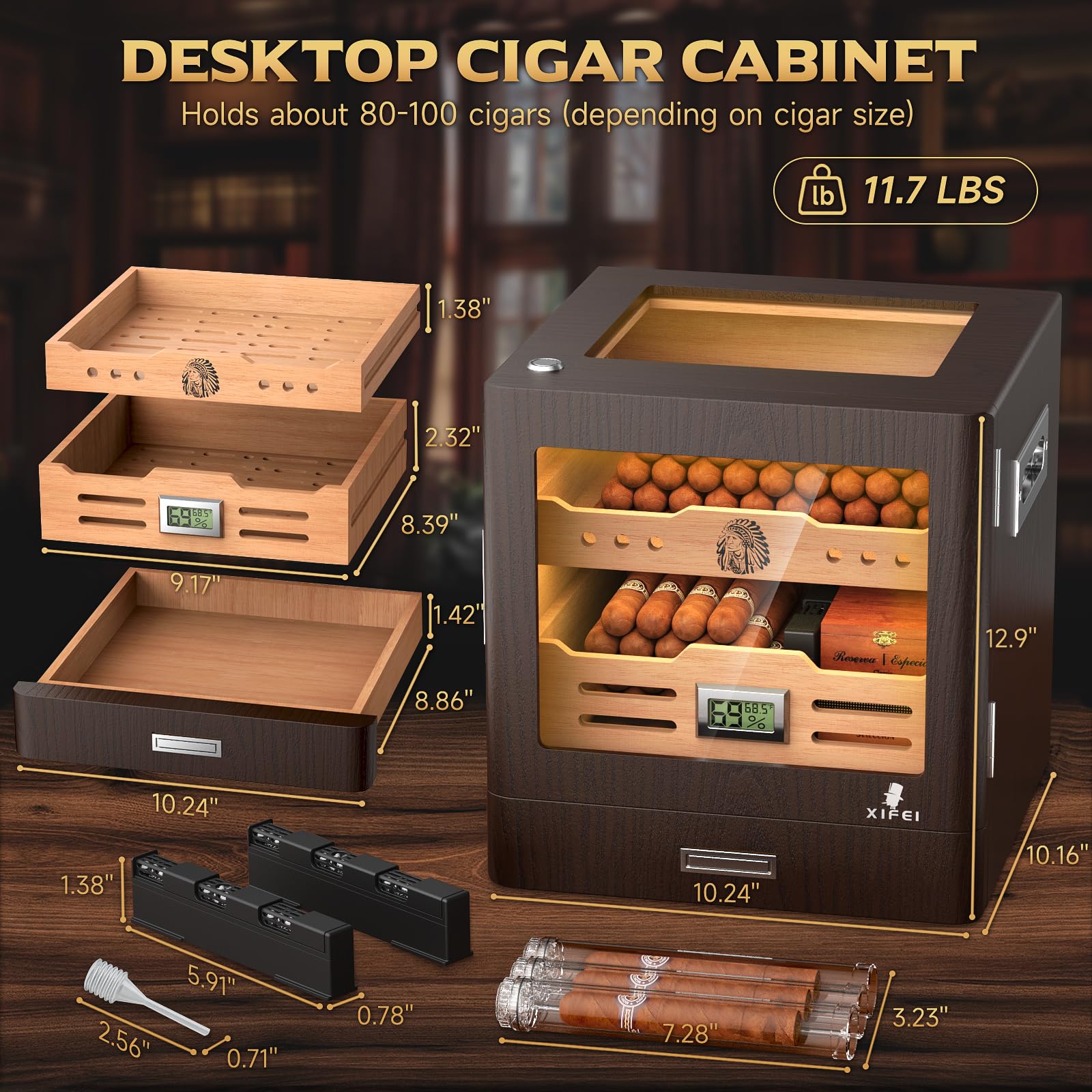 Condition photo showing New/Like New for xifei cigar humidor cabinet, glass top & adjustable led lighting, digital hygrometer, 2 humidifiers, cigar tube, desktop cedar wood humidor with accessory drawer for 80-100 cigars, ideal men's gift