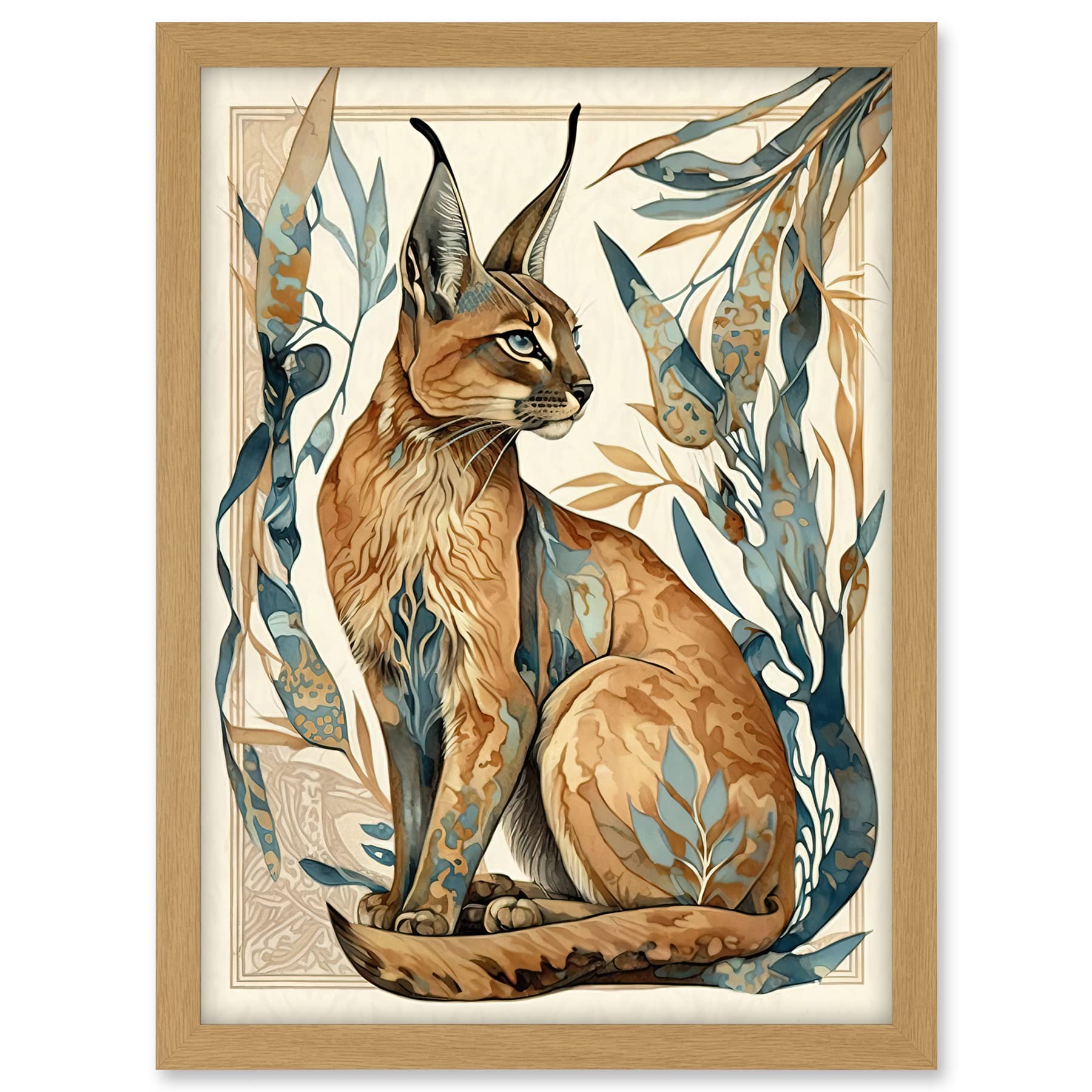 Artery8 Caracal Cat with Teal Plants Modern Art Nouveau Watercolour Illustration Artwork Framed A3 Wall Art Print