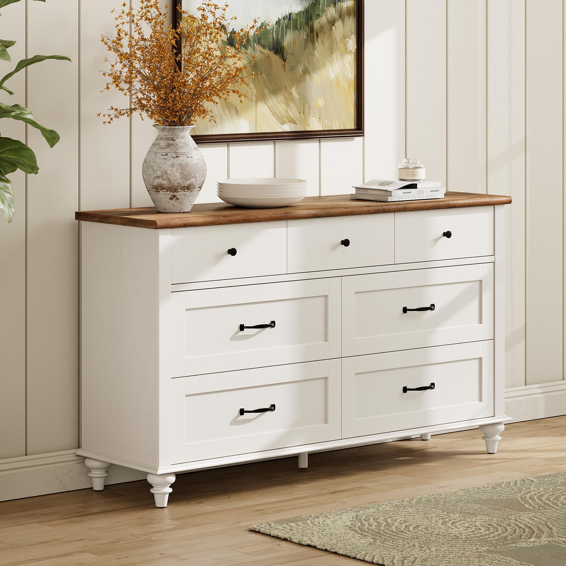 wampat 7 drawer dresser for bedroom, wide wooden chest of drawers distressed kids dresser, mid century storage dressers organizer for nursery & living room, off white, 54 inch