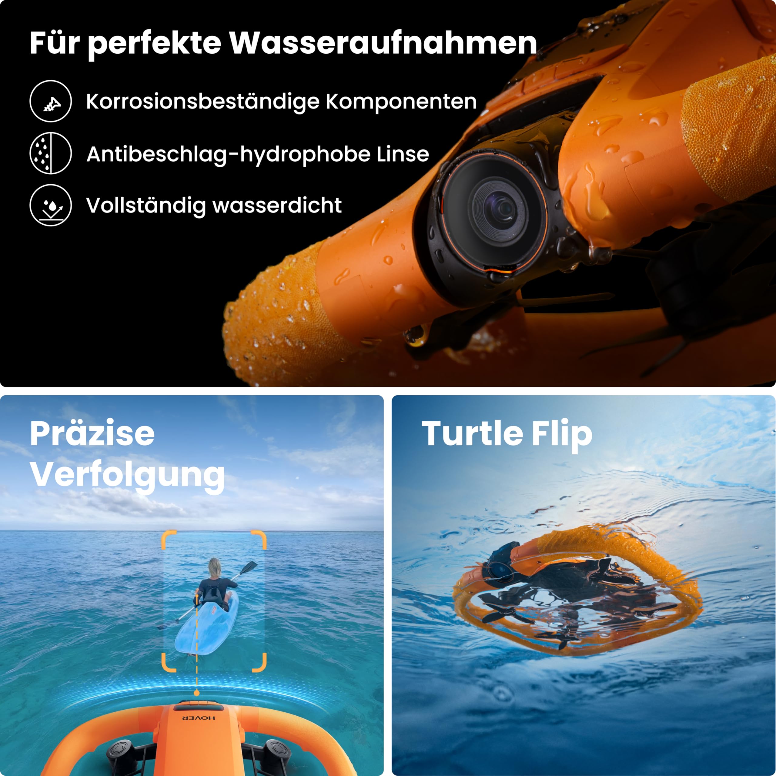 HOVERAir AQUA Flugkamera, IP67 wasserdichte Follow-Me-Drohne mit Kamera für Wassersport, 34mph, 10+ Flugmodi, 4K 100fps Zeitlupe, HDR-Video, SmoothCapture 3.0 (Extra-Flugzeit-Paket)