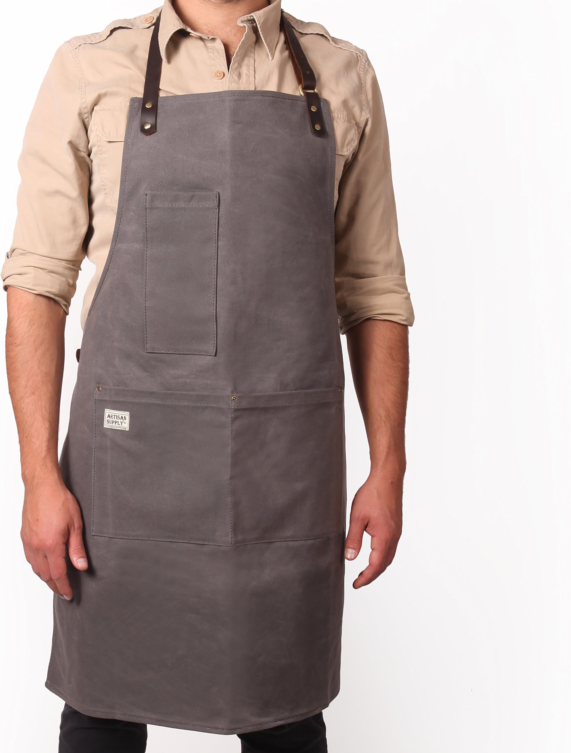 Yibosoar GUPOQIGU Artisan Supply Co. Craftsman Waxed Canvas Work Apron w/Leather Straps - Made for BBQ Grill Masters, Butchers, Bakers, Brewers, Roasters, Mongers, Chefs, Machinist and More