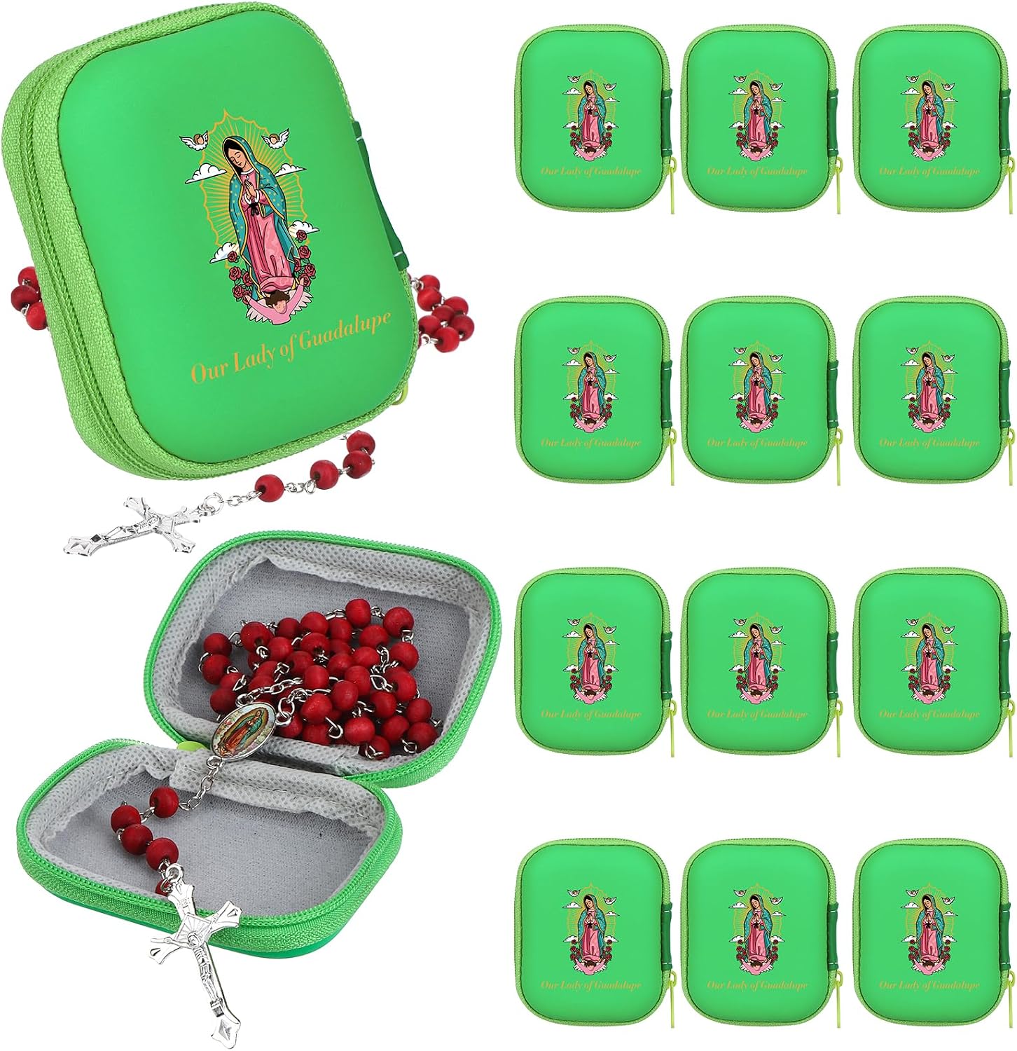 12 Set Our Lady of Guadalupe Rosary Beads Catholic Virgin Mary Rosary for Women with Classic Cross Virgin Mary Zippered Prayer Box Virgen De Guadalupe Religious Necklace for First Communion