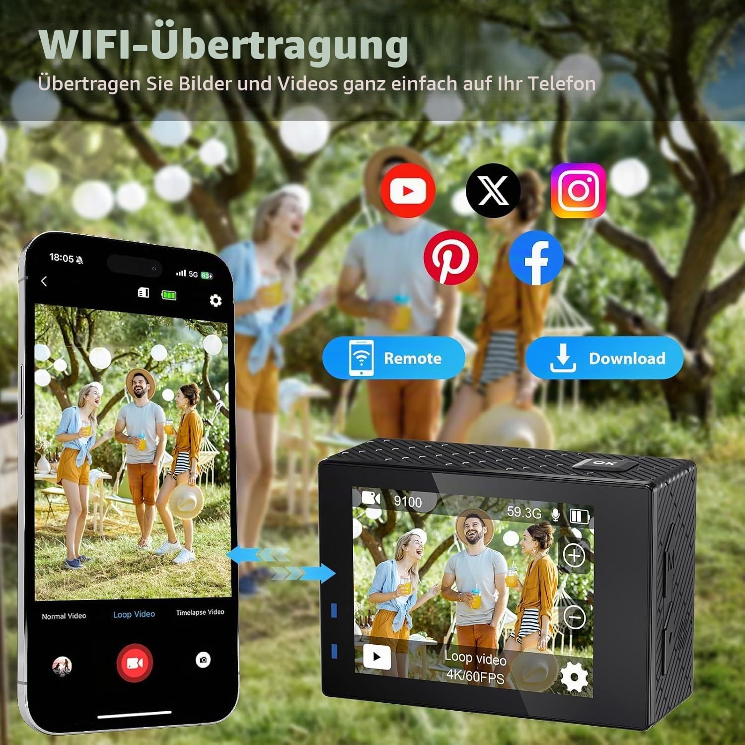 Actioncam 4K 60FPS WiFi Unterwasserkamera 40MP 40 Meter wasserdicht mit Touchscreen, 170° Weitwinkel, EIS-Bildstabilisierung, 5X Zoom, 2,4G Fernbedienung & 2 Akkus 1350mAh