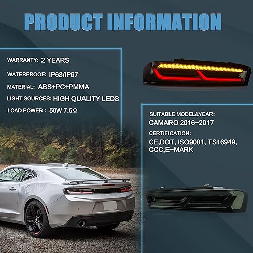 Miniatura 9 de VLAND Conjunto de luces traseras LED para Chevrolet Camaro 6 generación 2016-2018 (LS, LT, RS, SS, ZL1), Plug-and-play, señal de giro amarilla,