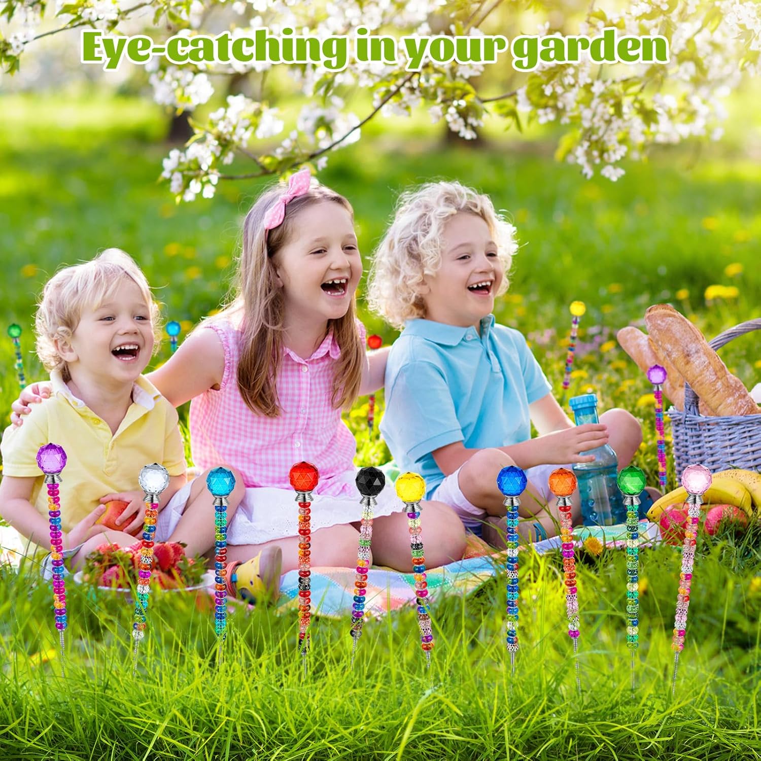 230 Pcs Beaded Garden Stakes, DIY Fairy Wand Garden Stake Beads Kits with 200 Colorful Assortment Round Large Hole Beads with 10 Round Stopper Top, 10 Threaded Rod and 10 Nuts for Outdoor Decoration - Image 6