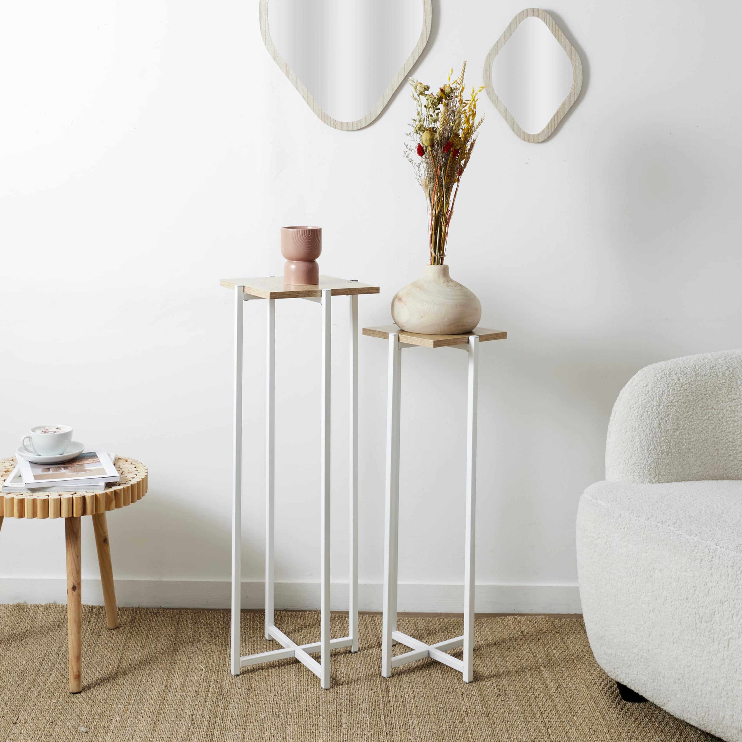 HOME DECO FACTORY - HD0051 Lot de 2 Sellettes en Bois et Métal - Design Tendance - Pratiques pour Salon ou Entrée - Dimensions 30 x 30 x 82 cm - Couleur Blanc Marron