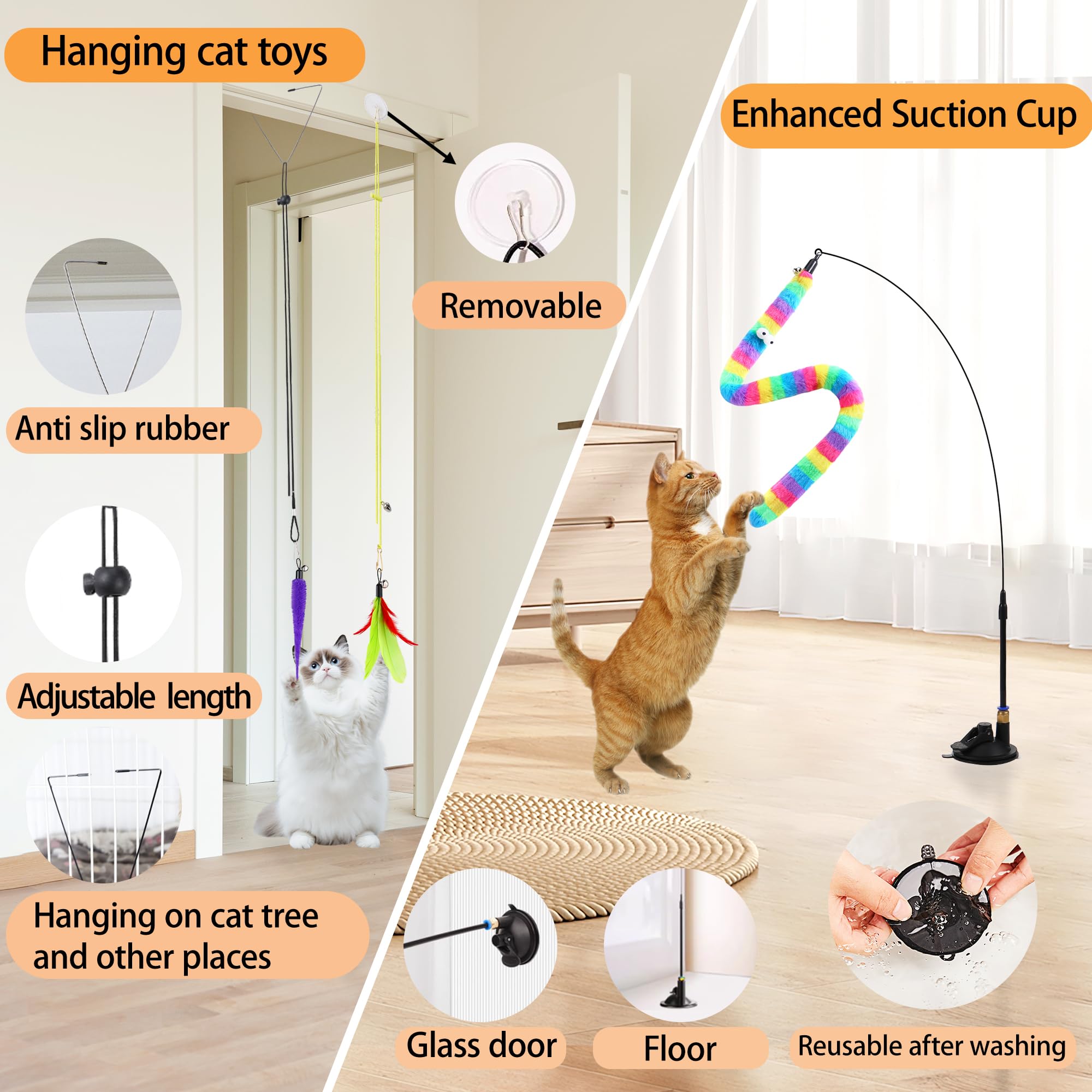 Soarer 4-in-1 Interactive Cat Feather Toys,12Pcs Durable Fishing Pole Cats Feathers Toy Replacements,Enhanced Suction Cup Cats Wand Toy,2 Types Door Hanging Cat String Toys for Indoor Kitten - Image 3