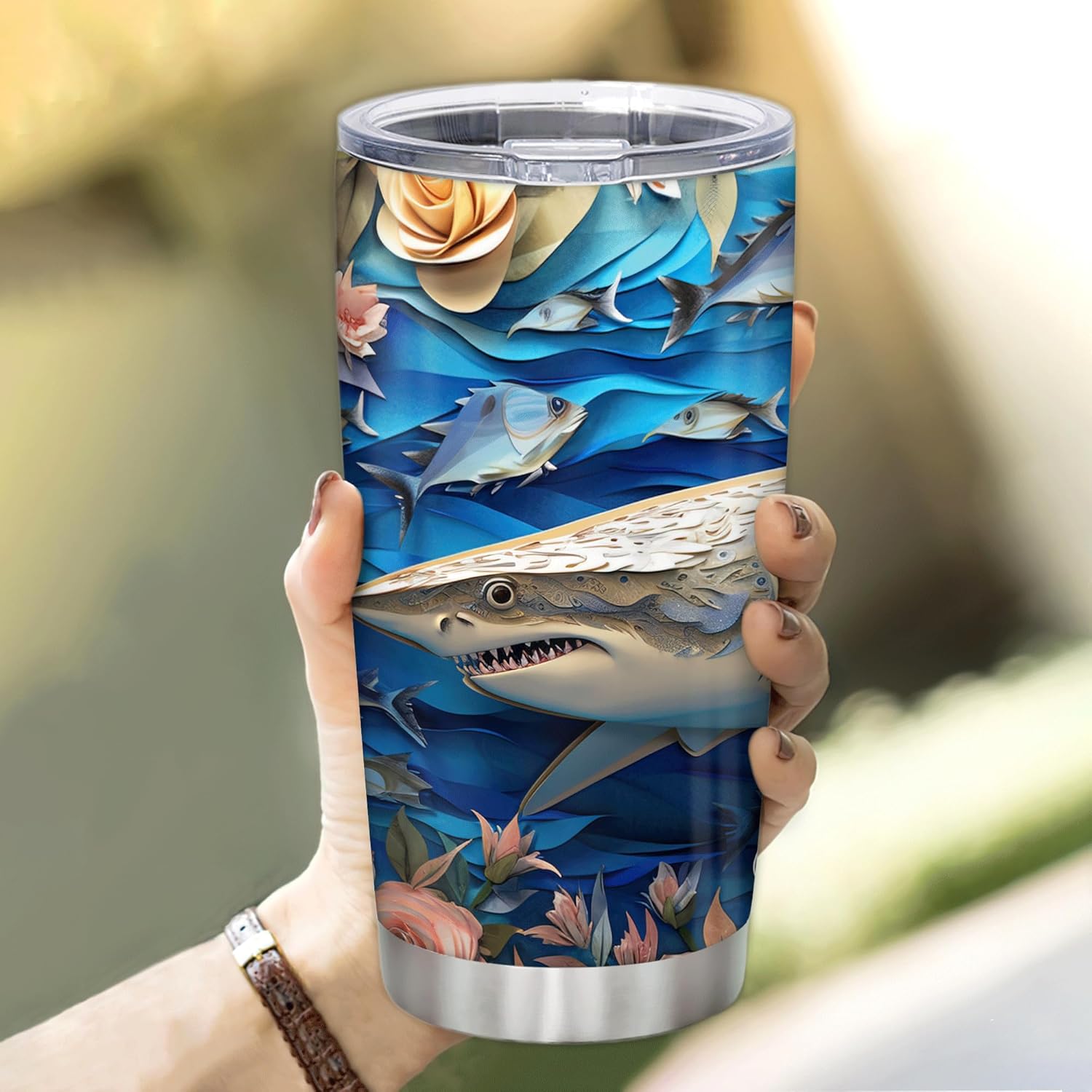 Hyturtle Personalized Gifts Shark Lover - 2D Shark Printed Customized Name Stainless Steel Tumbler 20 oz With Lid - Idea Cute Sea Animal Lover Gifts For Women, Girl, Kids On Birthday, Christmas