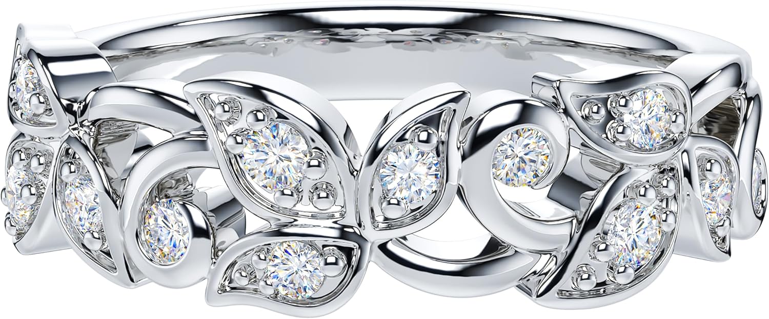 THELANDA Genuine Moissanite or Simulated Diamond Sterling Silver 6mm Wide Vine Fligree Leaves Petals Vintage Wedding Band Ring