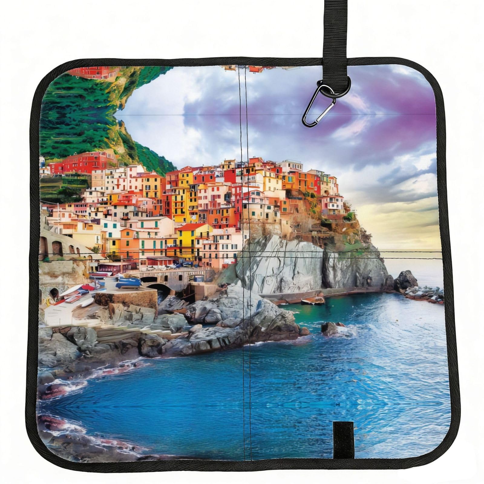 WBQLSL Cinque Terre scenery Foldable Seat Cushion - Portable Stadium Pad with Carabiner for Camping Hiking Picnic Beach