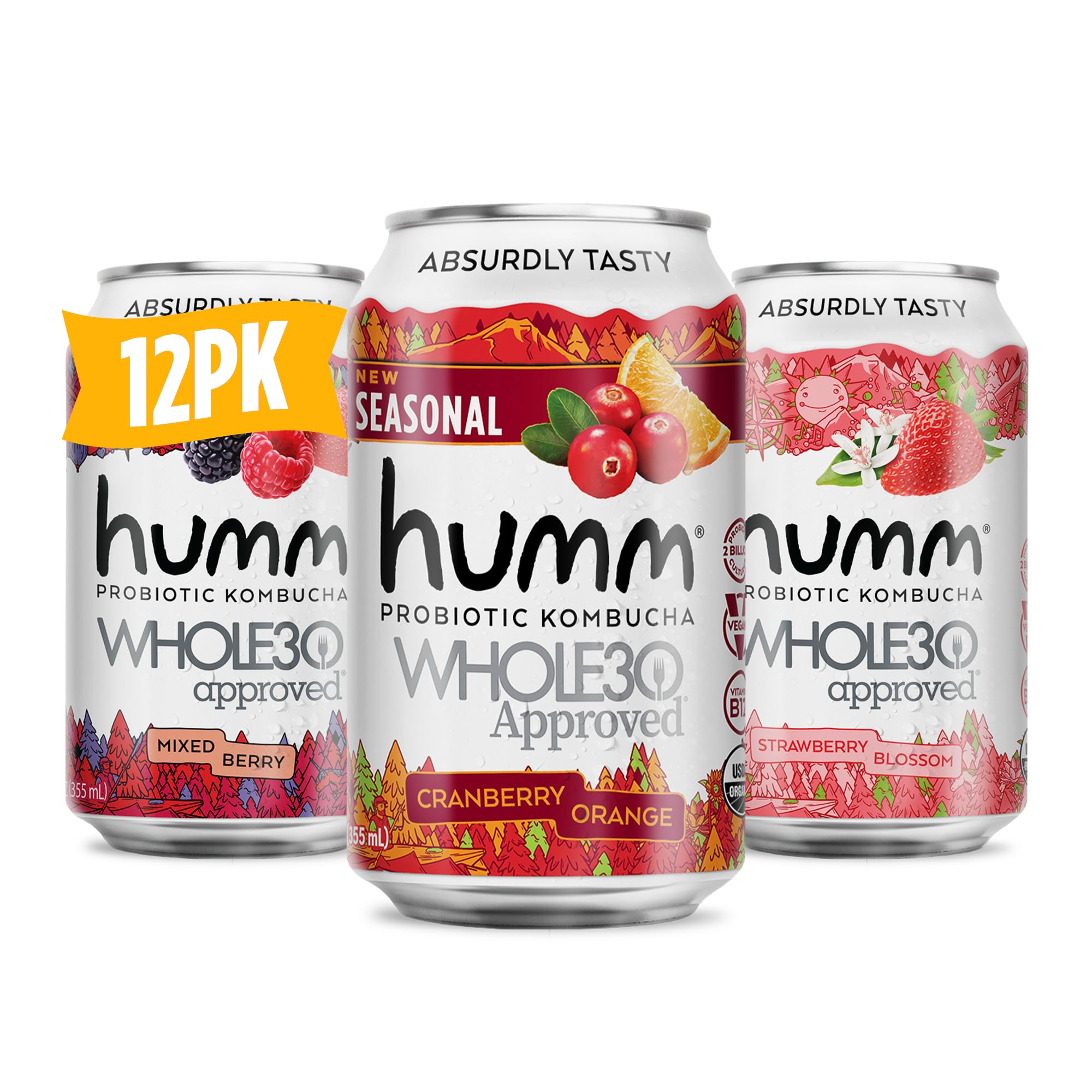 Humm Whole30 Approved Kombucha Variety Pack, Cranberry Orange, Mixed Berry, Strawberry Blossom, Organic, Vegan & GMO Free (12 Pack)