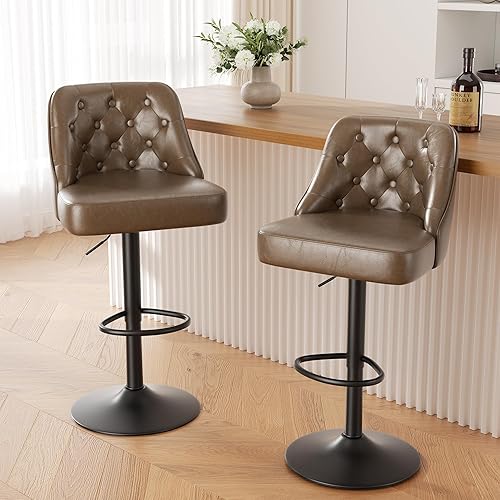 Miniatura 43 de Juego de 2 taburetes de bar, taburete de bar ajustable de altura de mostrador con respaldo, sillas de bar tapizadas de piel sintética, taburetes de