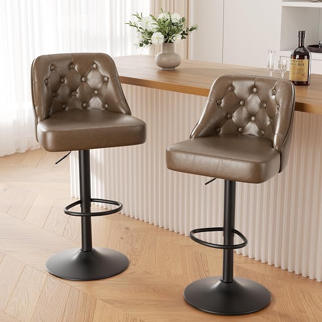 Set of 2 Bar Stools, Height Adjustable Bar Stool with Backrest, Faux Leather Padded Swivel Bar Chairs, Mid-Century Modern Style Bar Stools for Kitchen Island, Coffee