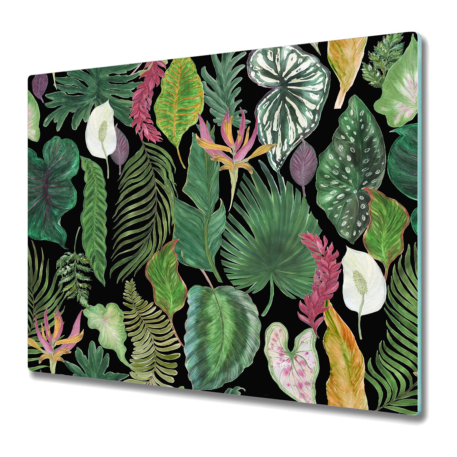 Coloray Glass Chopping Board 23.6 x 20.5 inch / 60x52cm Cutting Board Splashback for Kitchen Worktop Tempered Safety Glass Protection - Tropical Leaves Green and Yellow