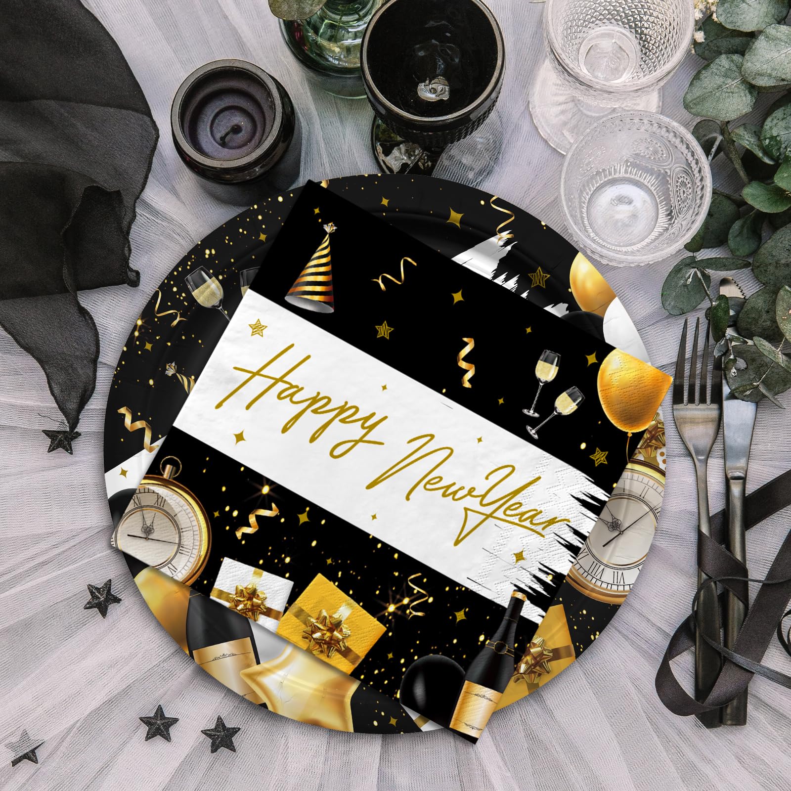 Kit de celebración de Año Nuevo 2024: suministros de fiesta para 50 invitados con platos y servilletas desechables decorativos, perfecto para celebrar el Año Nuevo
