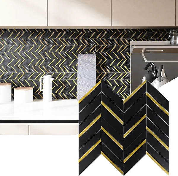 KASARO Peel and Stick Herringbone Backsplash for Kitchen Wall, 10-Piece Decorative Self-Adhesive Wall Tile for Kitchen, Bedroom, RV, Black & Gold