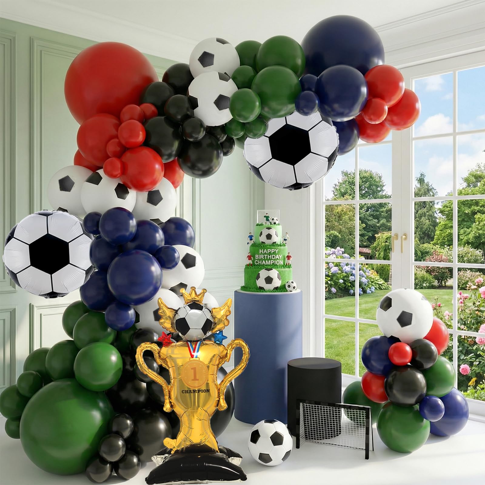 142 pezzi decorazioni per feste di compleanno calcio palloncino arco ghirlanda kit rosso nero polvere blu palloncini con trofeo di calcio palloncini per calcio baby shower Decor ragazzi uomini