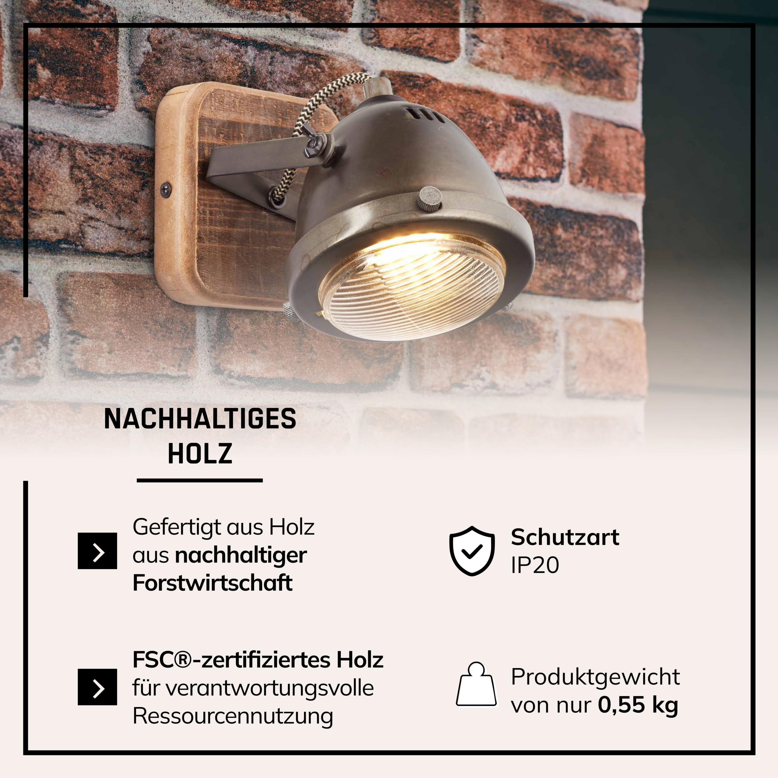 Lightbox rustikaler Wandstrahler mit ausgefallenem Retro Design | 12 x 12cm | Stylischer Wandspot für schönes Flair im Eingangsbereich | Material: Metall/Kiefernholz | Farbe: Braun/Stahlfarben