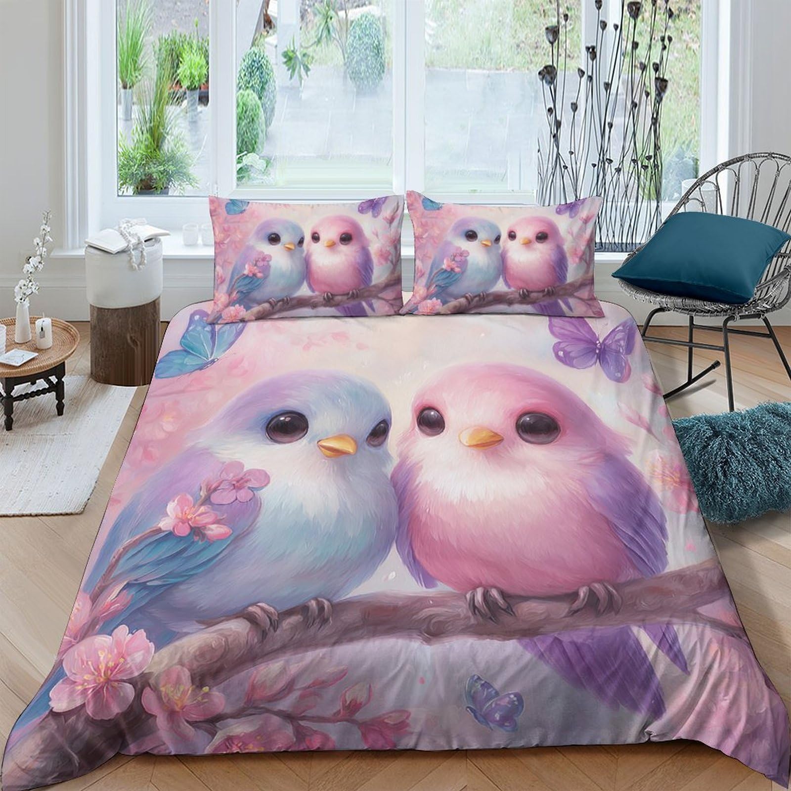 Ctjqhvkz Style-2 3D Printed Pastel Birds Fitted Sheet Microfiber Soft Pink Blue Lovebirds Bed Sheet For Bedroom Dorm Decor Single（135X200cm）