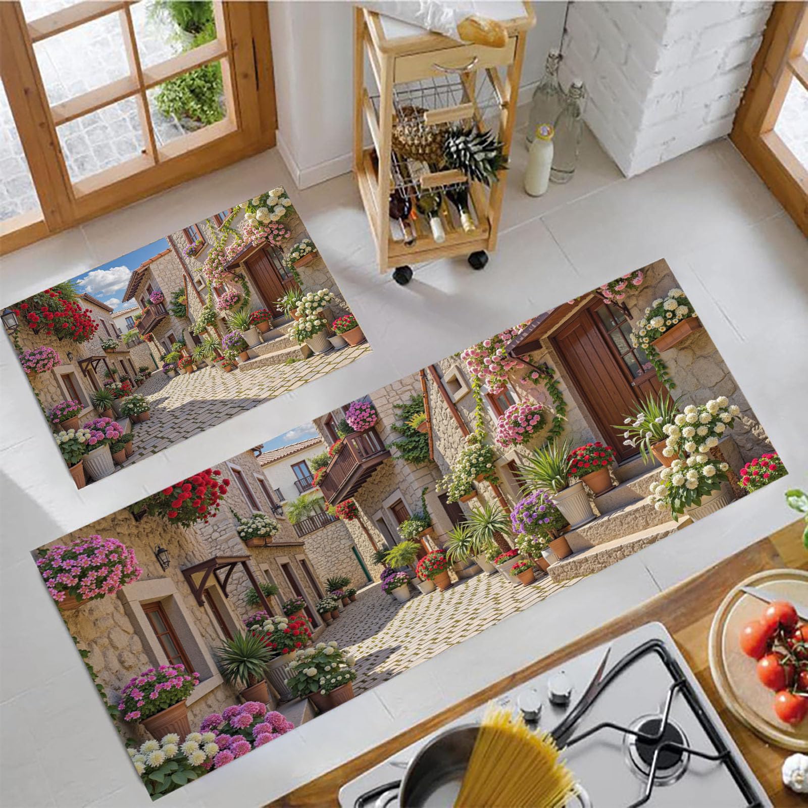 Alfombrillas de cocina lavables y antideslizantes de 2 piezas con paisaje rural beige