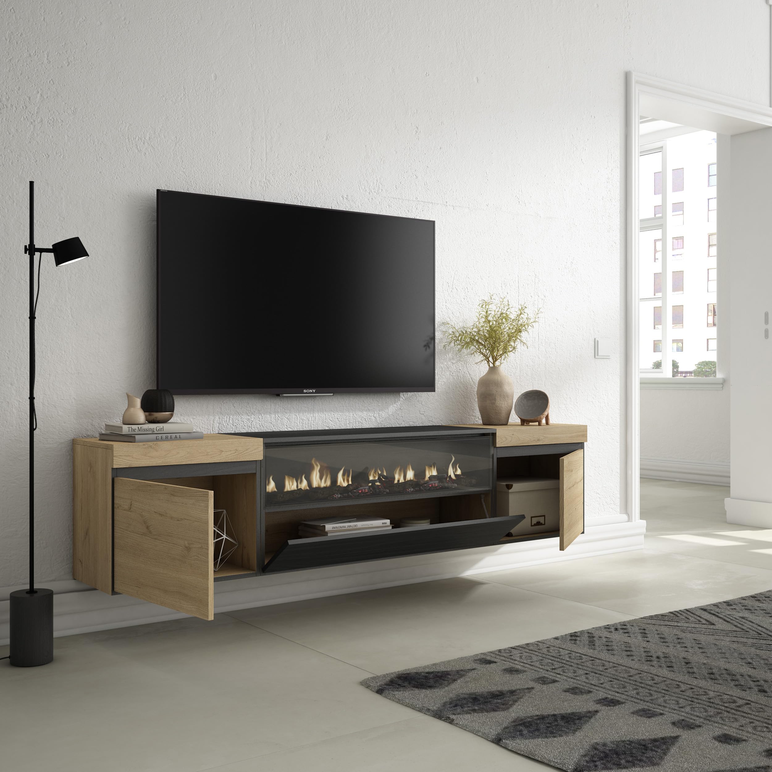 Mueble Tv 200cm Mueble TV Skraut Home - 200x45x35 Cm, Para Televisiones Hasta 80", Estilo Moderno En Roble Y Negro Mueble Tv Chimenea Electrica