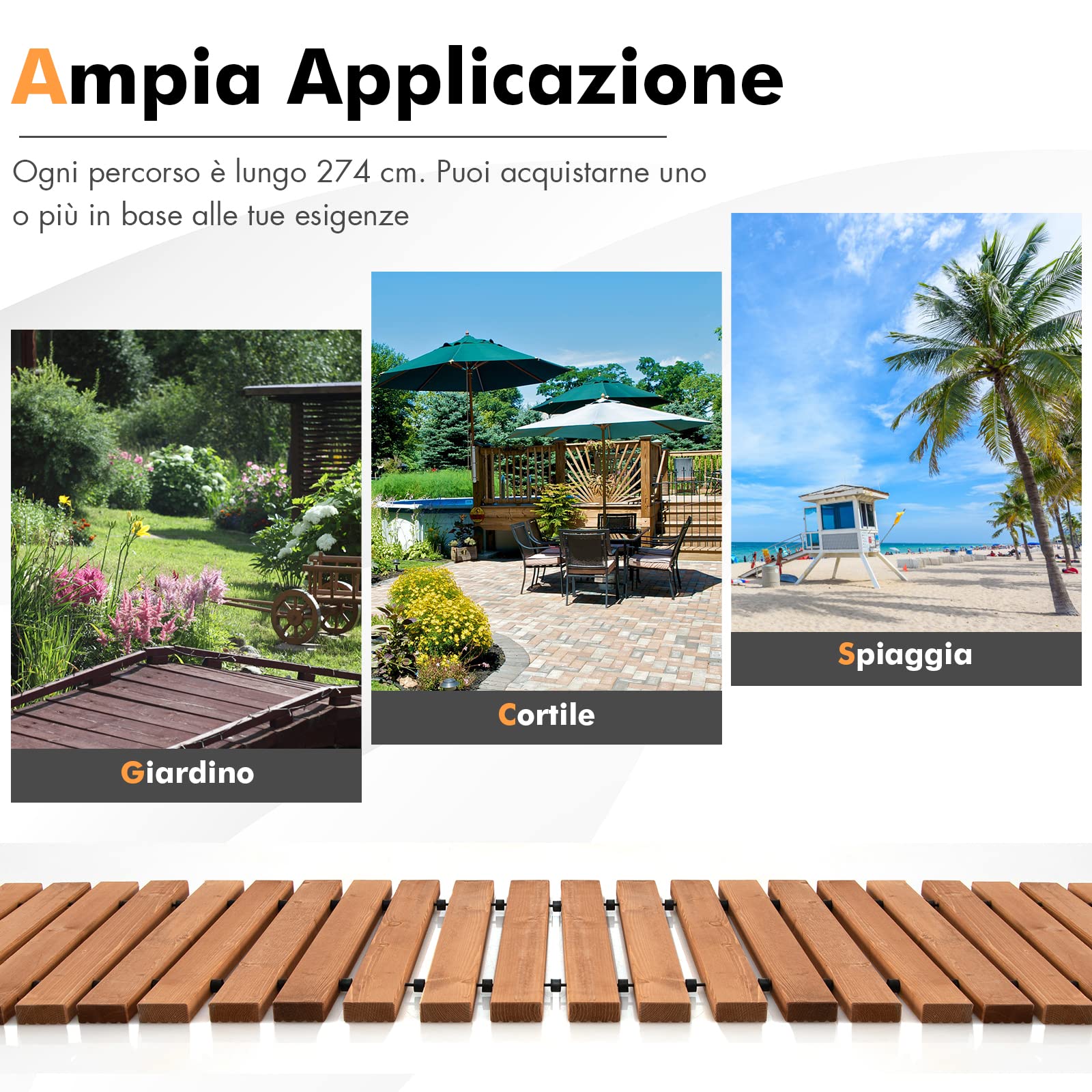 COSTWAY Passerella Arrotolabile per Giardino, Sentiero da Giardino con Filo di Ferro e Consistenza Antiscivolo Resistente alle Intemperie, Percorso in Legno per Cortile e Spiaggia (245 x 43 x 2 cm)