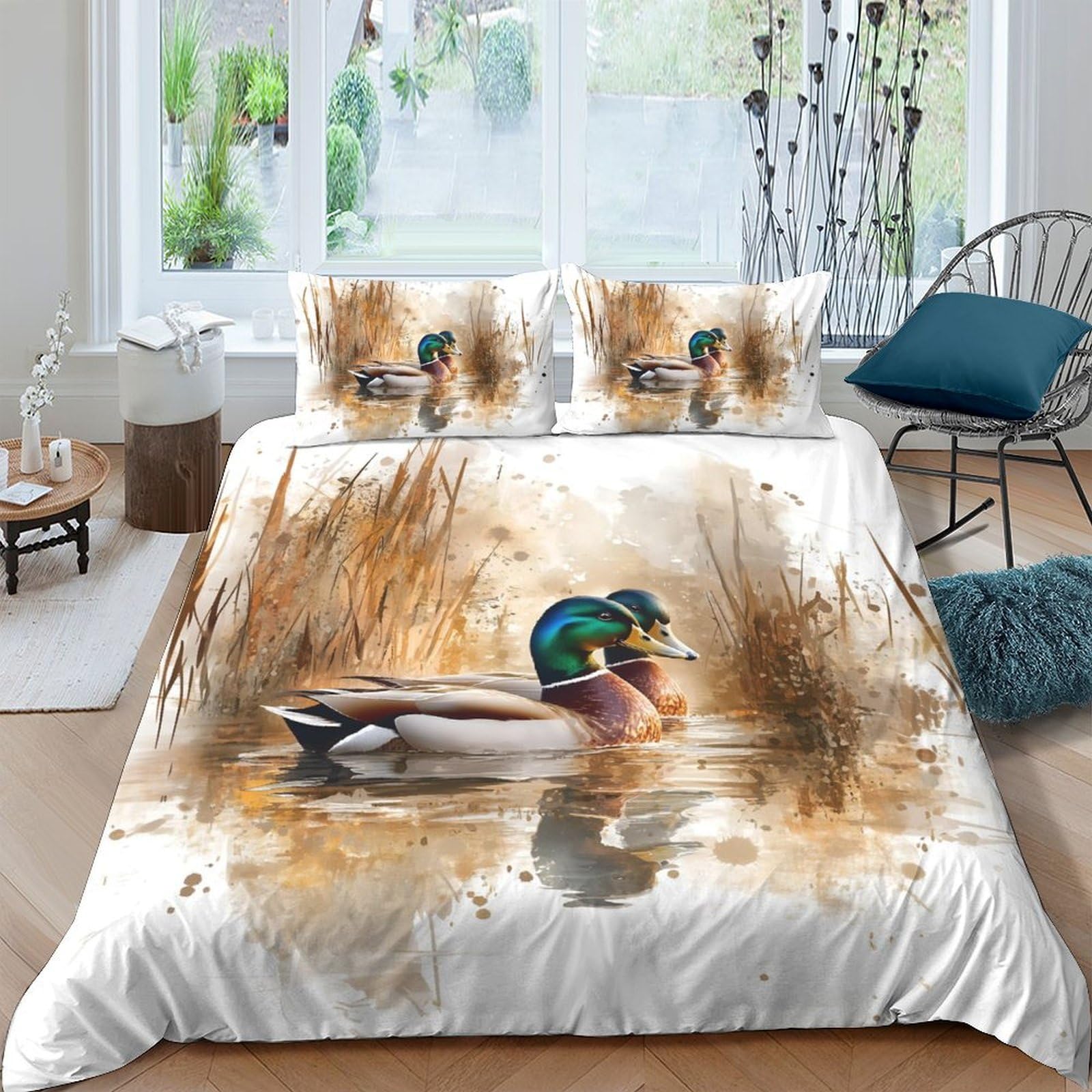 Ctjqhvkz Style-3 3D Printed Mallard Duck Fitted Sheet Microfiber Soft Water Scene Mattress Cover For Bedroom Guestroom Decor Single（135X200cm）