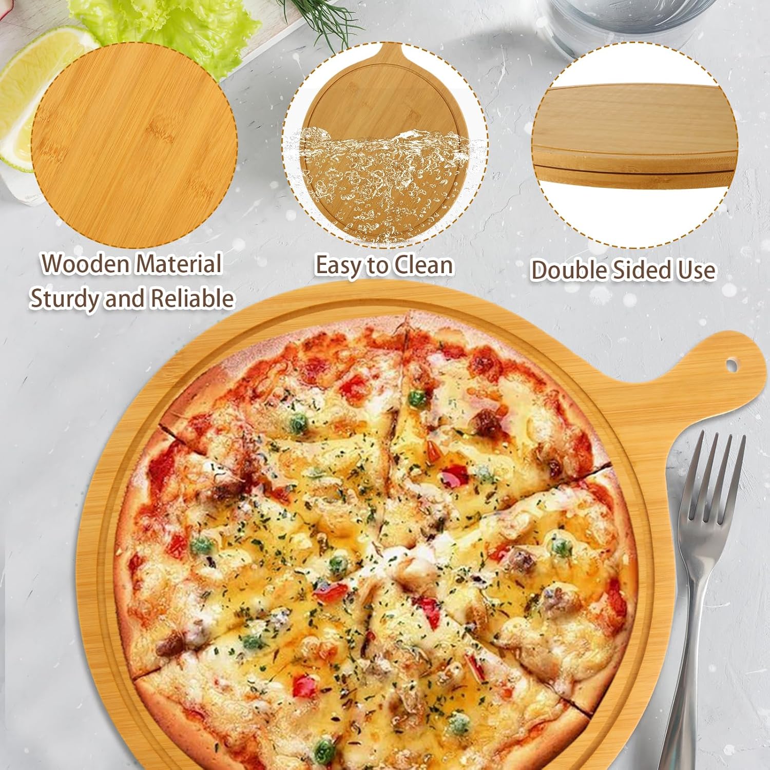 SHUESS 5 Pcs Round Wood Cutting Board 12 Inch Wooden Serving Board with Handle Kitchen Chopping Boards for Pizza, Bread, Cheese, Charcuterie, Fruit, Vegetables (Bamboo)
