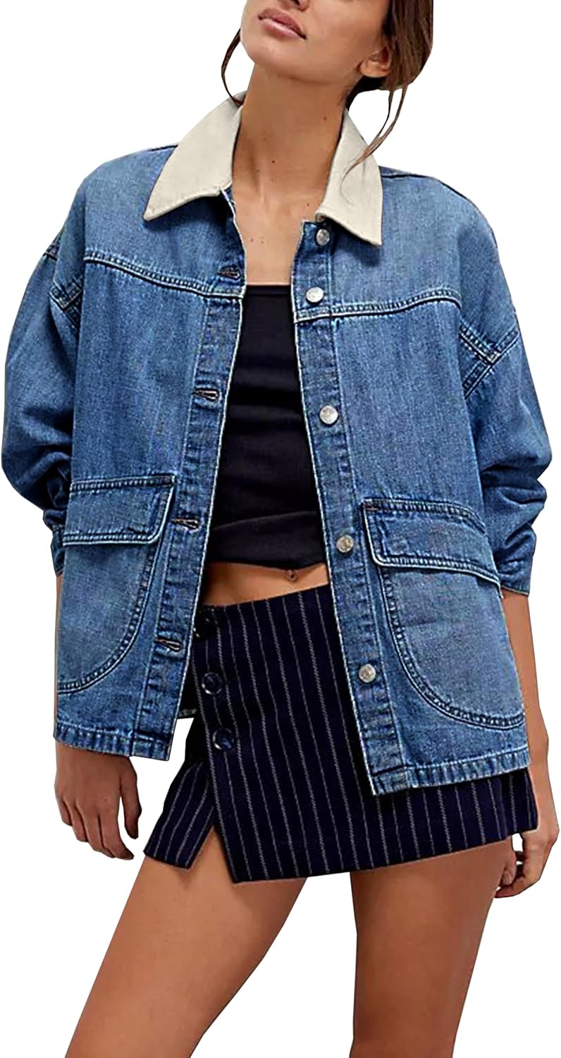 Lumister Women's Oversized Denim Jacket with Contrast Trim Long Sleeve Button Down Jean Coat with Pockets Outerwear
