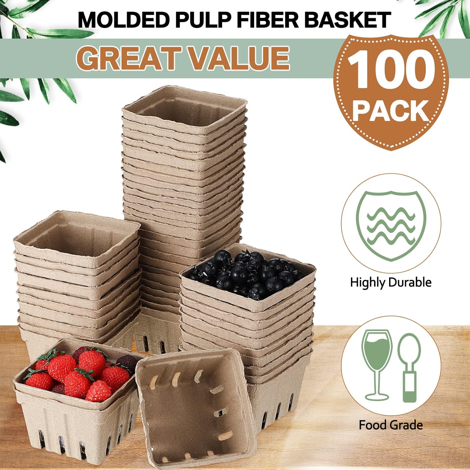 Fuutreo 100 Pcs Natural Pulp Fiber Berry Basket 1 Pint, 4.3 x 4.3 x 3 Inch, Adequate Quantity, Good Ventilation Performance, Safe and Reliable, Capacity and Size, Applicable Occasions