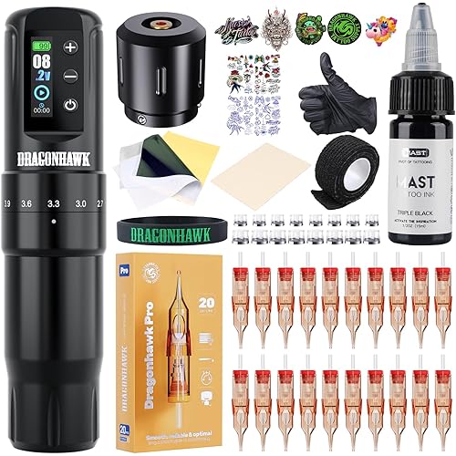 Dragonhawk Beginner Tattoo Kit Atom2 Pro Cordless Tattoo Gun Machine Pen Complete Tattoo Kit 7 Strokes 2.4-4.2mm