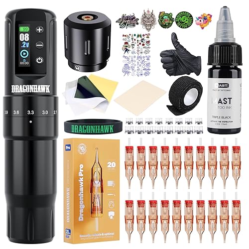 Dragonhawk Beginner Tattoo Kit Atom2 Pro Cordless Tattoo Gun Machine Pen Complete Tattoo Kit 7 Strokes 2.4-4.2mm