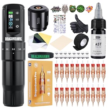 Dragonhawk Wireless Beginner Tattoo Kit Atom2 Pro Cordless Rotary Tattoo Gun Machine Pen Complete Tattoo Kit 7 Strokes 2.4-4.2mm
