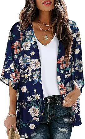 Women Floral Kimono Cardigan Lightweight Chiffon Beach Cover Up
