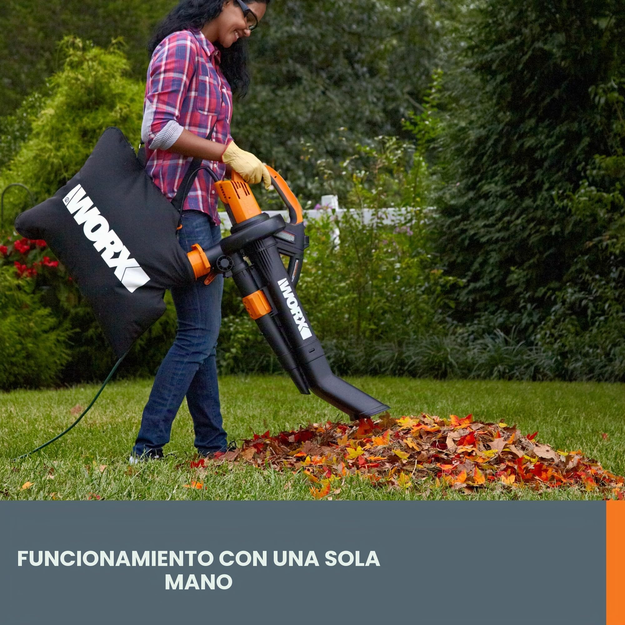 WORX Soplador/triturador/aspiradora eléctrica TriVac WG509 | Flujo de aire de 350 CFM y 210 MPH, relación de mantillo 18:1 para una eliminación eficiente de las hojas, con cable
