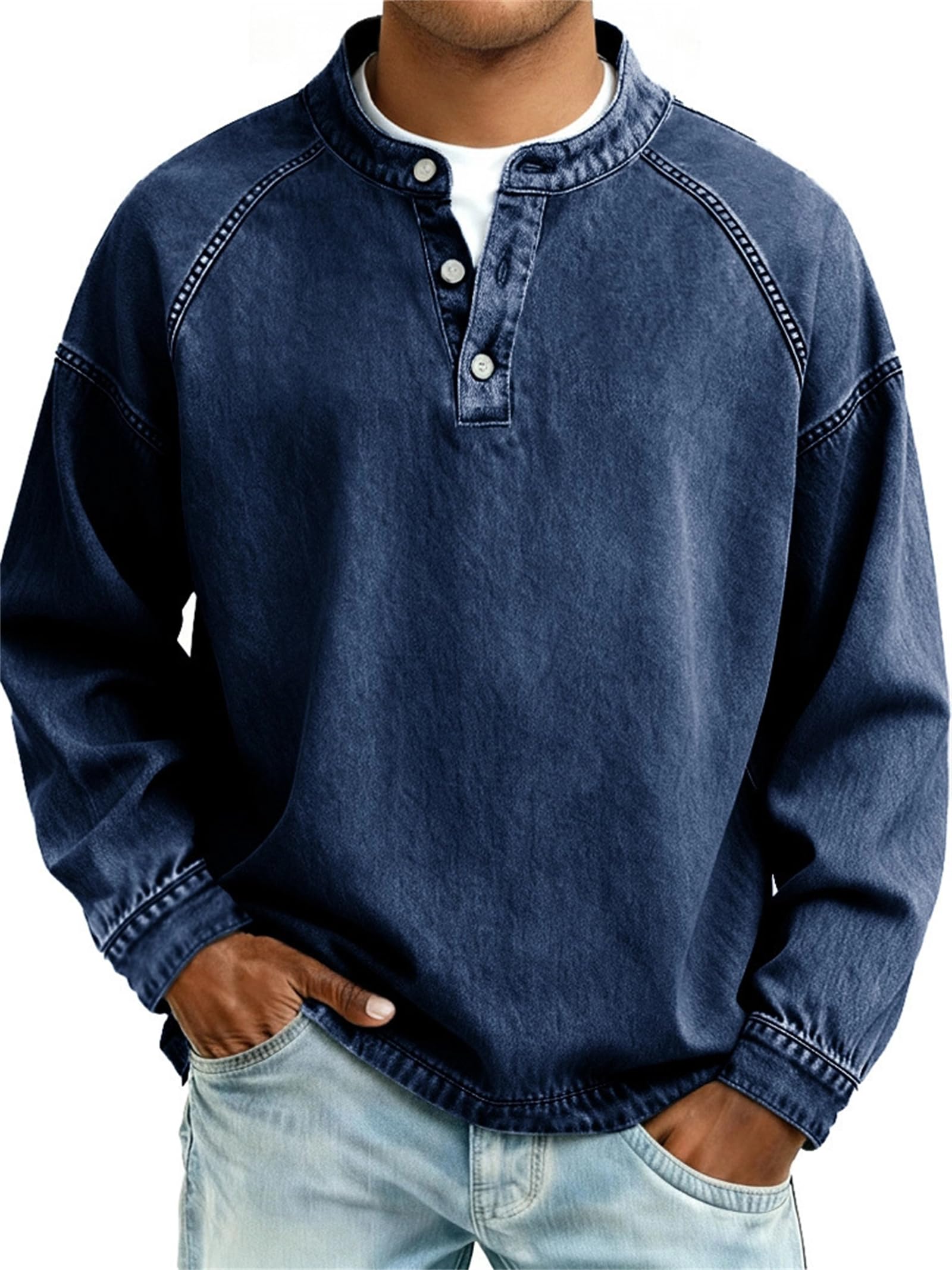Camisa de color lavado con botones y cuello en V para hombre, color liso, casual, desgastada, lavada al ácido