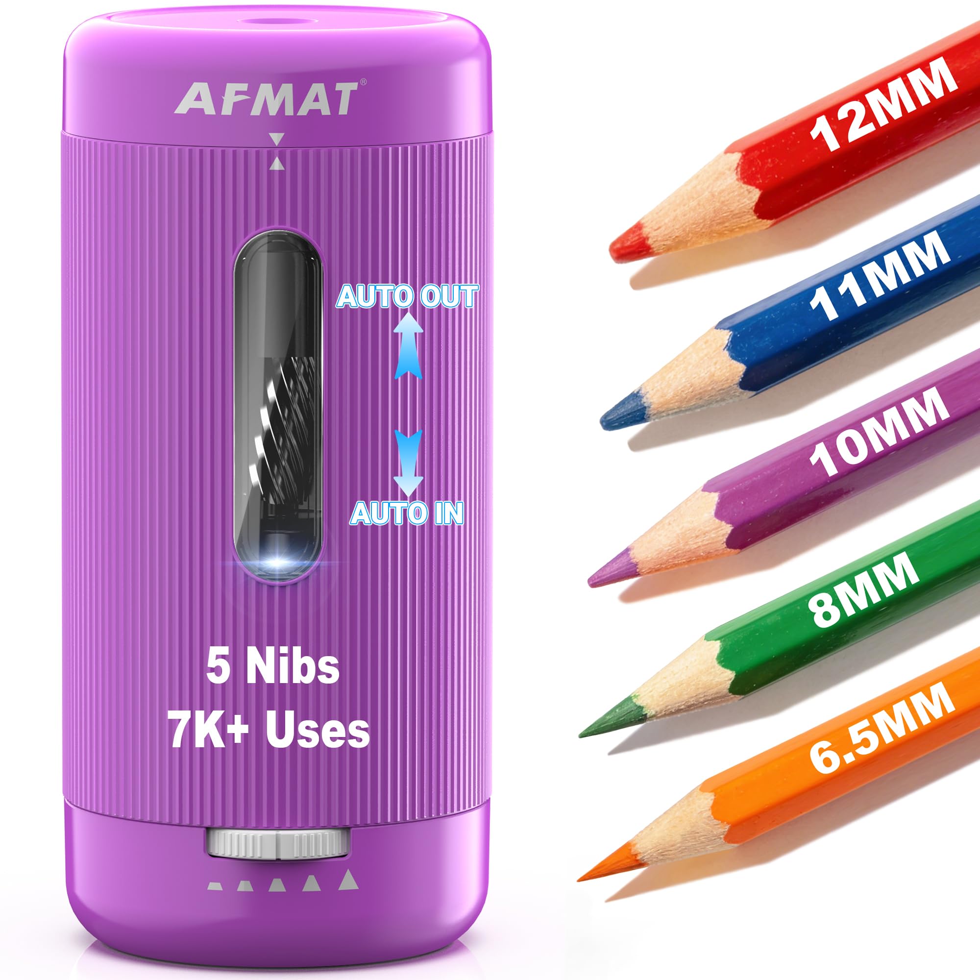 AFMAT Sacapuntas eléctrico, entrada y salida automática, 5 puntas, sacapuntas totalmente automático para aula, sacapuntas manos libres recargables para lápices n.º 2/jumbo/colores (φ6.5-12 mm) PSC3