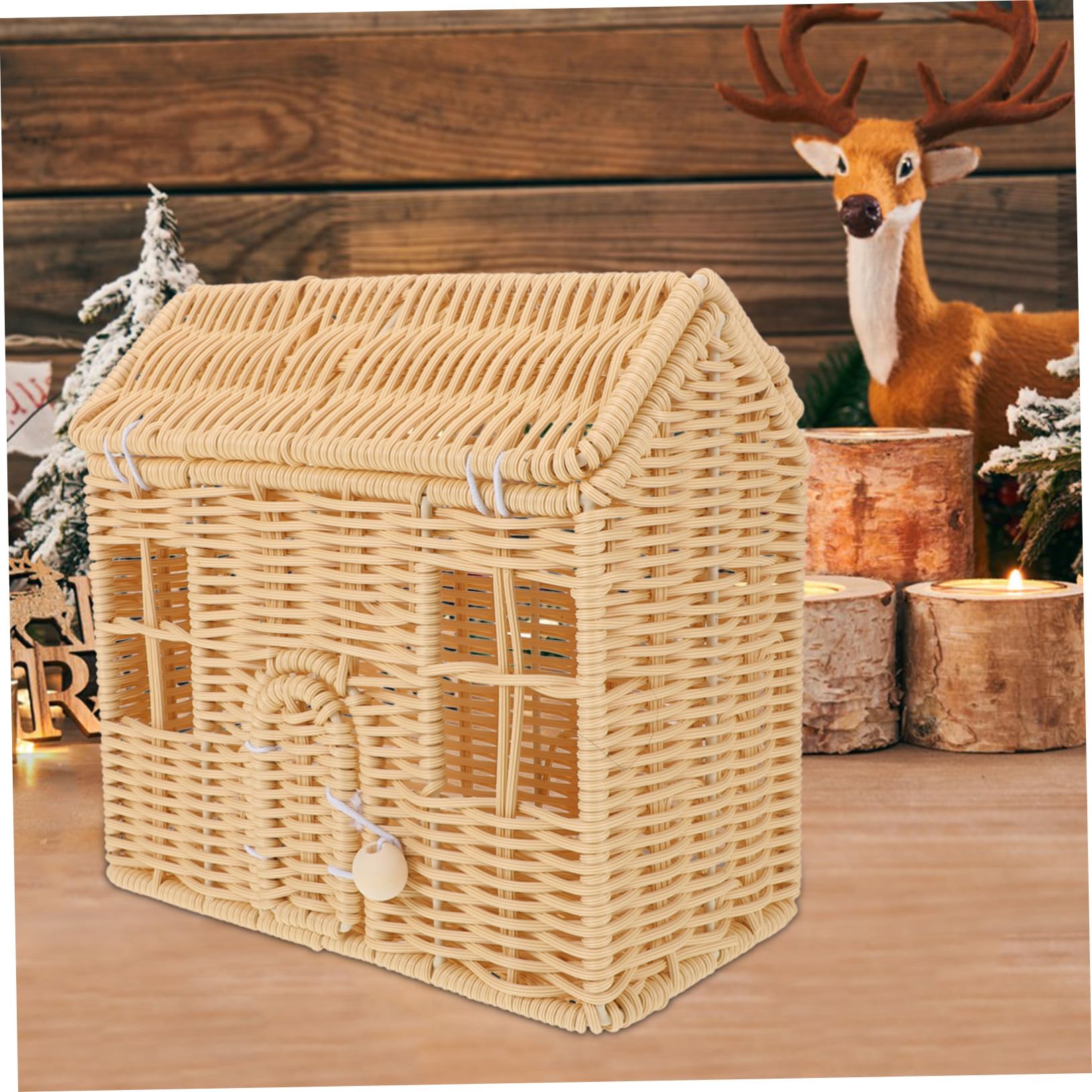 Cesta de Navidad con Asas Cesta Tejida Artesanal Forma de Casa para Snacks y Regalos Decoración Festiva para Fiestas y Celebraciones