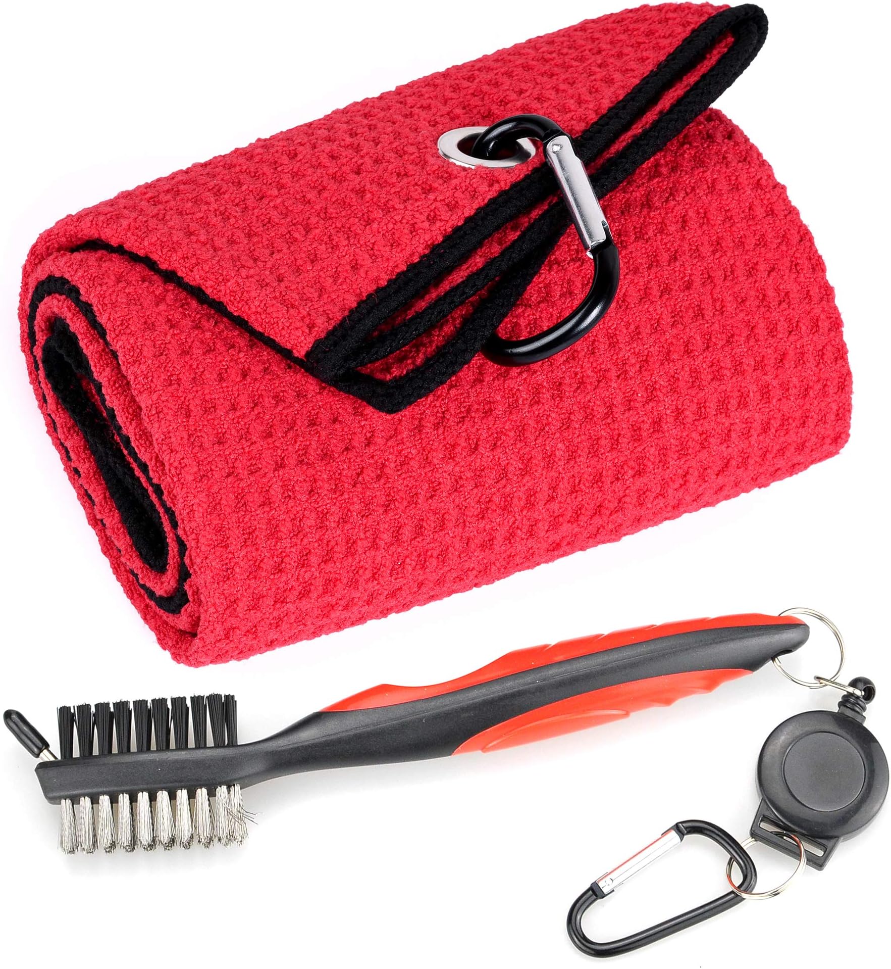 Microfiber Waffle Pattern Tri-fold Golf Towel | Brush Tool Kit with Club Groove Cleaner, Retractable Extension Cord and Clip (Red Towel+Red Brush)